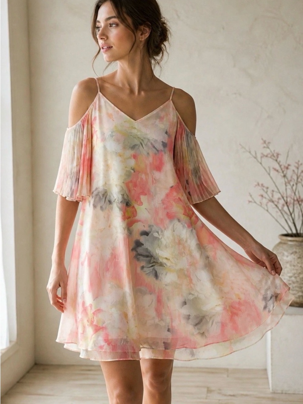White House Black Market Floral Cold-Shoulder Mini Dress — Blush Multicolor